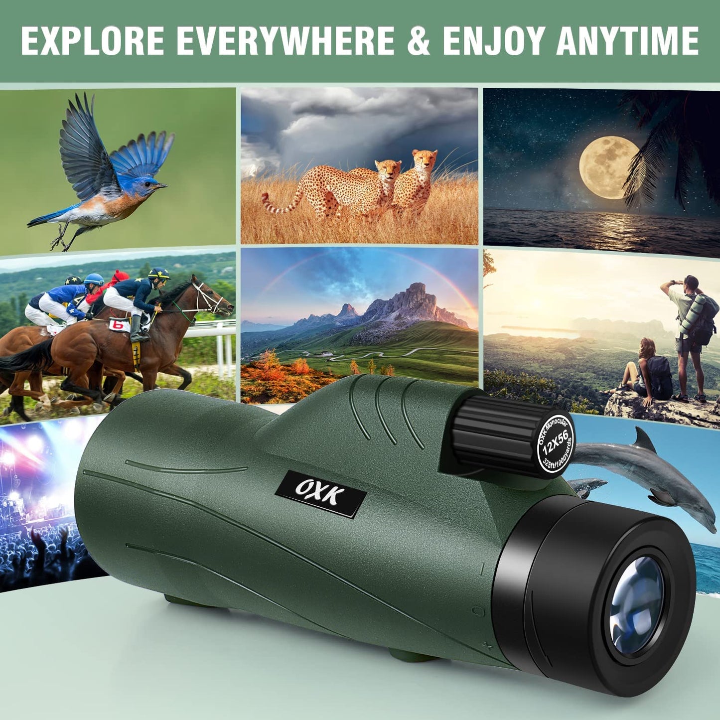 OXK Optics 12x56 High Power Monocular Telescope | Comes with Smartphone Adapter Tripod Travel Bag | Bird Watching Hunting Hiking Camping Gift - Green