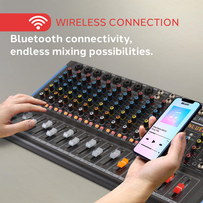 PYLE 12-Channel Bluetooth Studio Audio Mixer - DJ Sound Controller Interface with USB Drive for PC Recording Input, RCA, XLR Microphone Jack, 48V Power, For Professional and Beginners - PMXU128BT