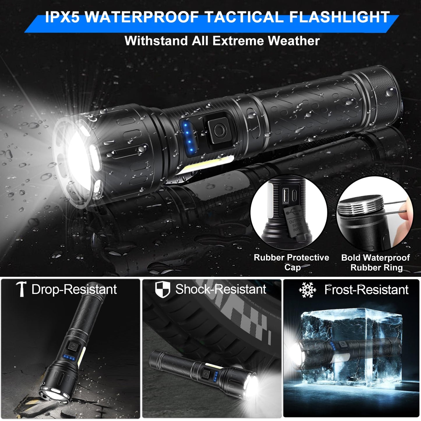 Rechargeable Magnetic Flashlights High Lumens, Super Bright LED Powerful Flashlight 8 Modes with COB Work Light, Waterproof Handheld Flash Light for Camping (2 Pack with Paper Box, Black)