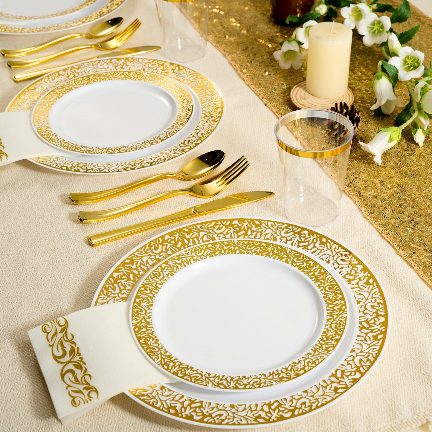 FOCUSLINE 175 Ct Gold Dinnerware Set for 25 Guests, White Plastic Plates with Gold Lace Rim Design, Including 25 Disposable Dinner & Dessert Plates, Cups, Napkins, Cutlery Set