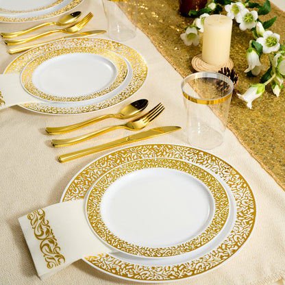 FOCUSLINE 175 Ct Gold Dinnerware Set for 25 Guests, White Plastic Plates with Gold Lace Rim Design, Including 25 Disposable Dinner & Dessert Plates, Cups, Napkins, Cutlery Set