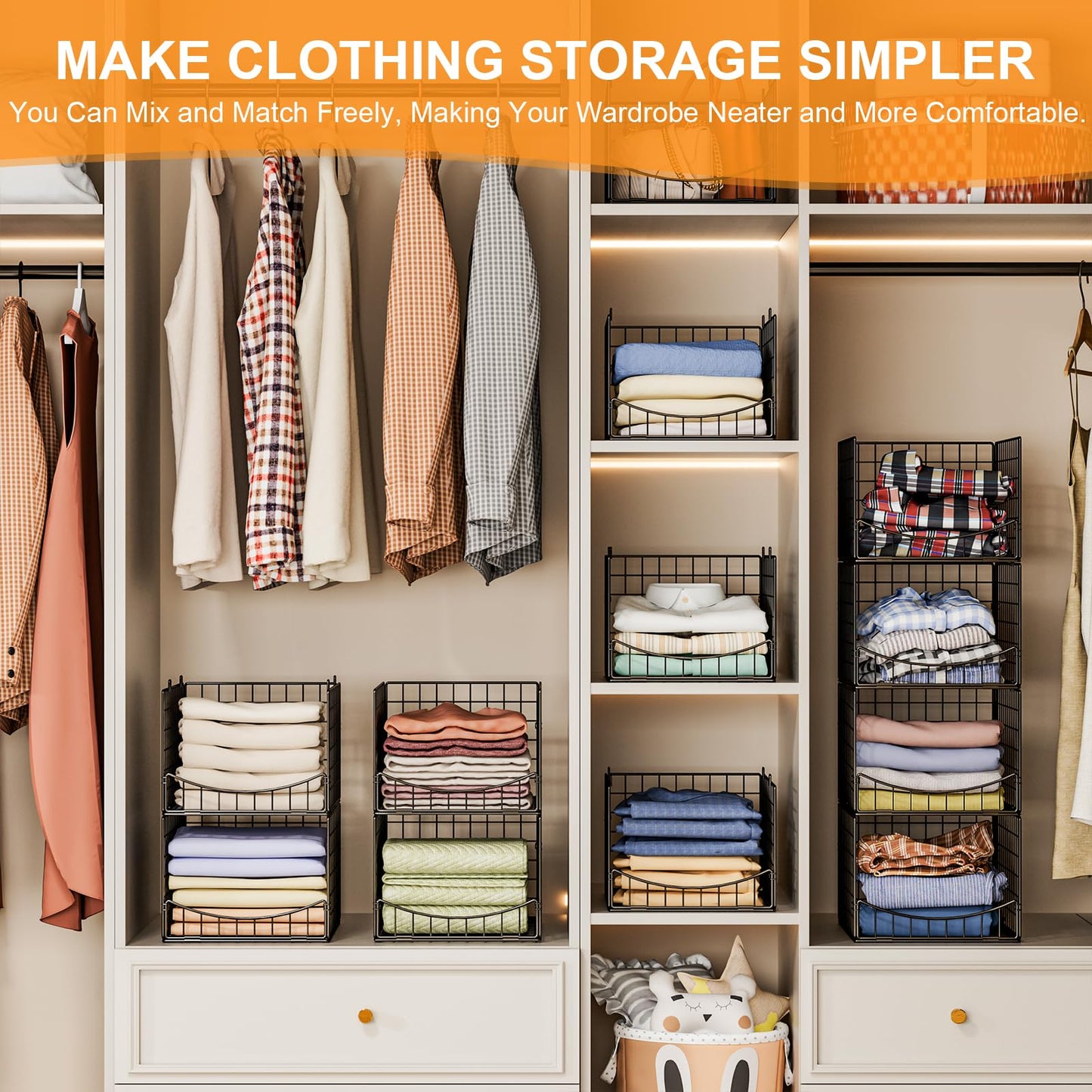 Hongtamoya 4-Tier Stackable Closet Organizers and Storage Shelves, Clothes Storage Basket, Clothes Shelf Organizer Sweater Organizer Bins Container for Wardrobe Kitchen Bathroom Office, Black