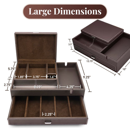 Mens Watch Box Leather Valet Tray - Bedside Table Organizer, Men's Jewelry Box, Watch Case for Men with Large Smartphone Charging Station - Jewelry Box for Men with Valet Box and Nightstand Organizer