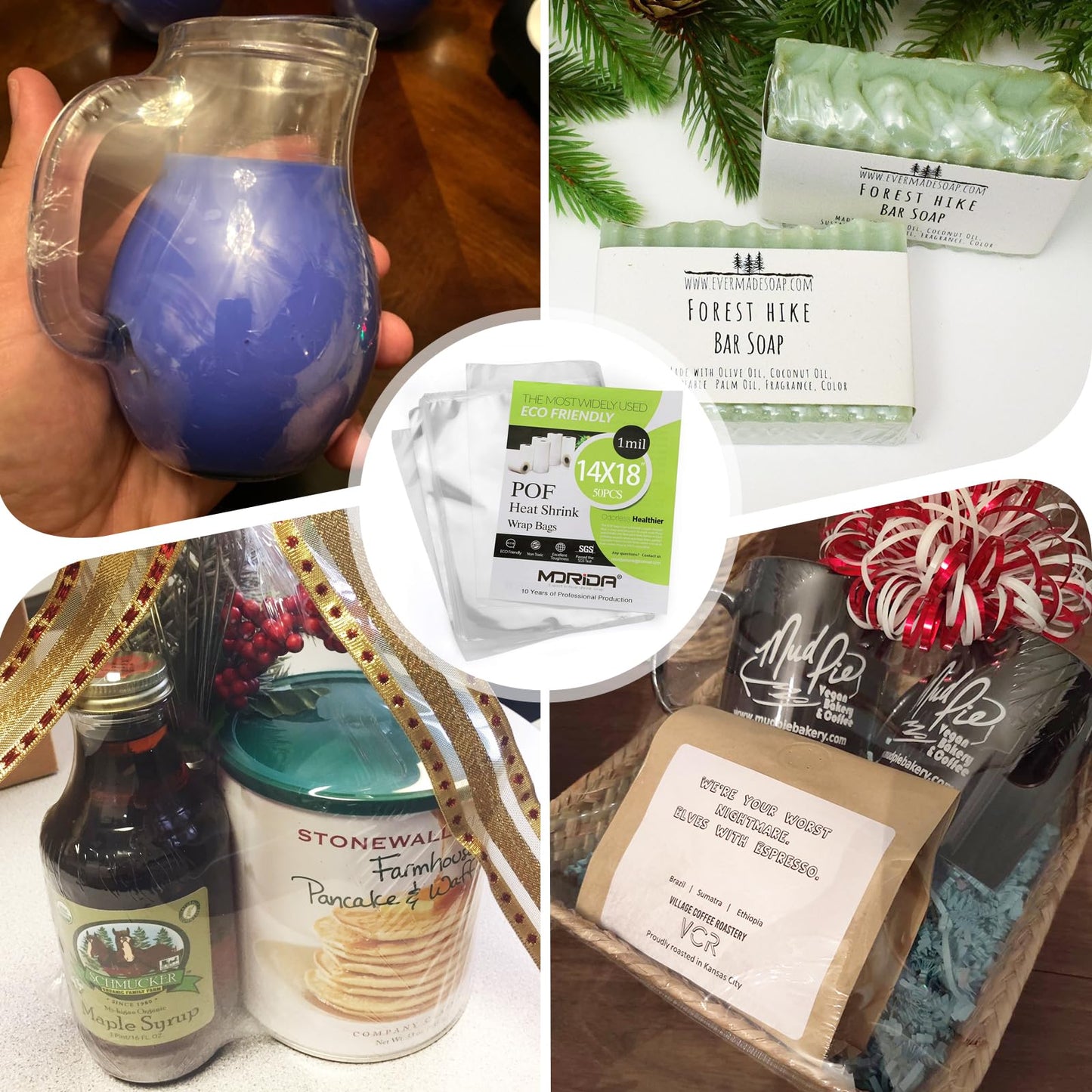 MORIDA 50 pcs 14X18 inch POF Heat Shrink Wrap Bags 100 Gauge, Softer, Clear Film for Gifts, Basket, Soaps Bottles, DIY Handmade Crafts, Odorless, Non-Toxic, Food Safety Quality