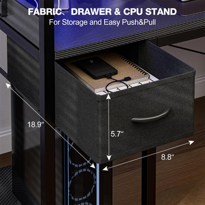 Grandder Gaming Desk 40 Inch with Power Outlet and LED Light, Computer Desk with Reversible Shelves and Storage Drawer, Pc Small Desk for Home Office Table with Bag, Carbon Fiber Black
