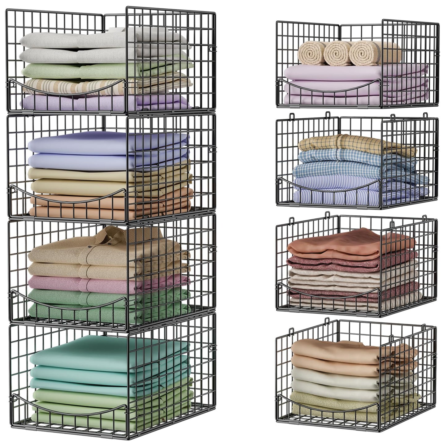 Hongtamoya 4-Tier Stackable Closet Organizers and Storage Shelves, Clothes Storage Basket, Clothes Shelf Organizer Sweater Organizer Bins Container for Wardrobe Kitchen Bathroom Office, Black