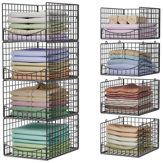 Hongtamoya 4-Tier Stackable Closet Organizers and Storage Shelves, Clothes Storage Basket, Clothes Shelf Organizer Sweater Organizer Bins Container for Wardrobe Kitchen Bathroom Office, Black