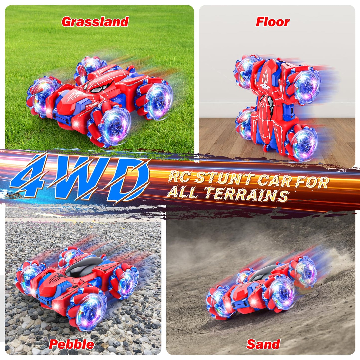 Punieayi Spider Remote Control Car, 2.4Ghz RC Cars with Headlight Double Sided Off-Road 360° Rotating Rechargeable 4WD RC Stunt Car Indoor Outdoor Spider Toys for Boys 4-6 5-7 8-13