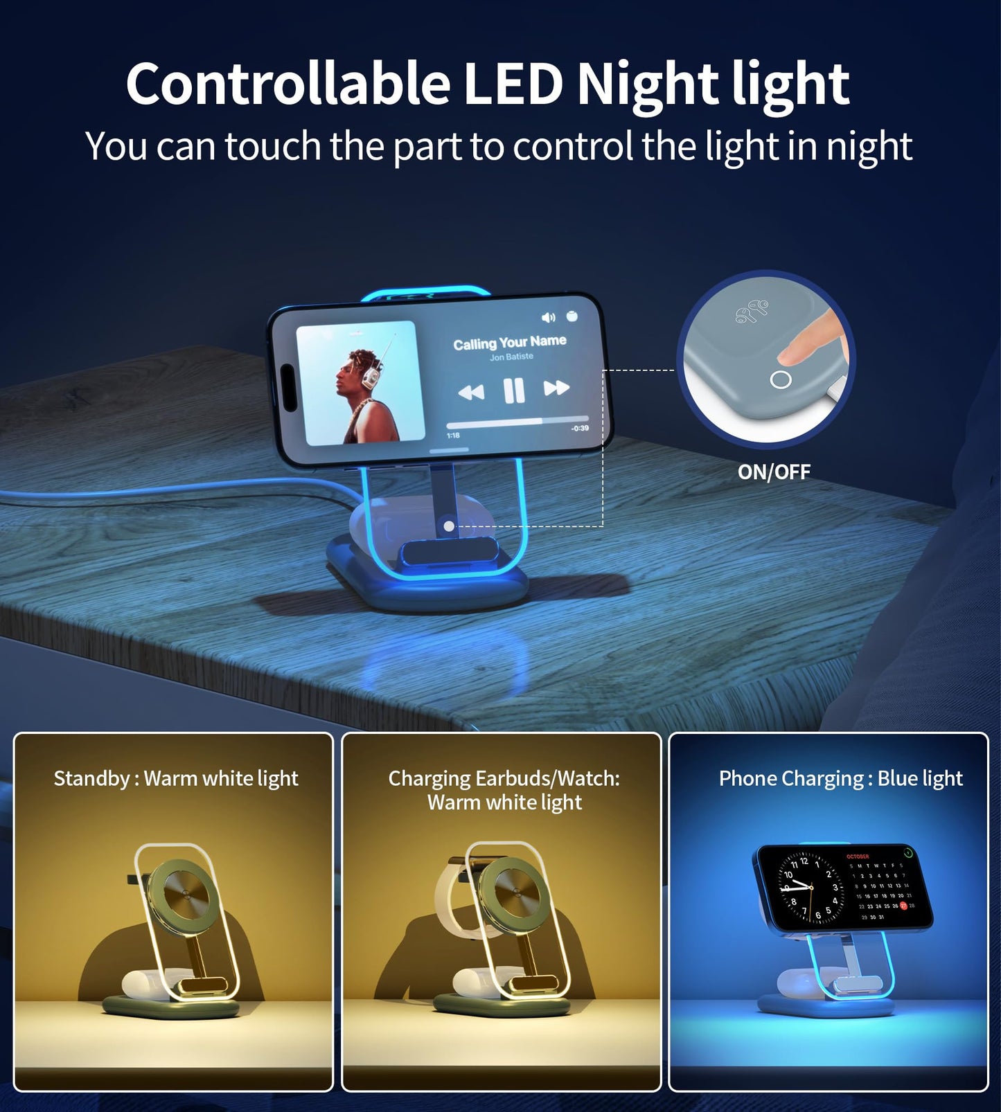 3 in 1 Magnetic Wireless Charging Station for Apple Devices, Fast Foldable Travel Mag-Safe Charger Stand with Night Light for iPhone 16 15 14 13 12 Series, Apple Watch/AirPods Pro,LB