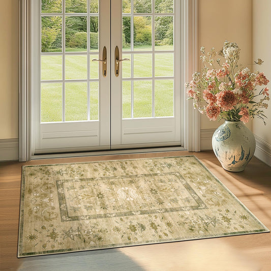 jinchan Area Rug 3x5 Washable Rug, Vintage Floral Living Room Mat Non Slip Home Decor Rugs, Low-Pile Carpet for Bathroom Entrance Bedroom Office Farmhouse and Dining Table (Brown Green)