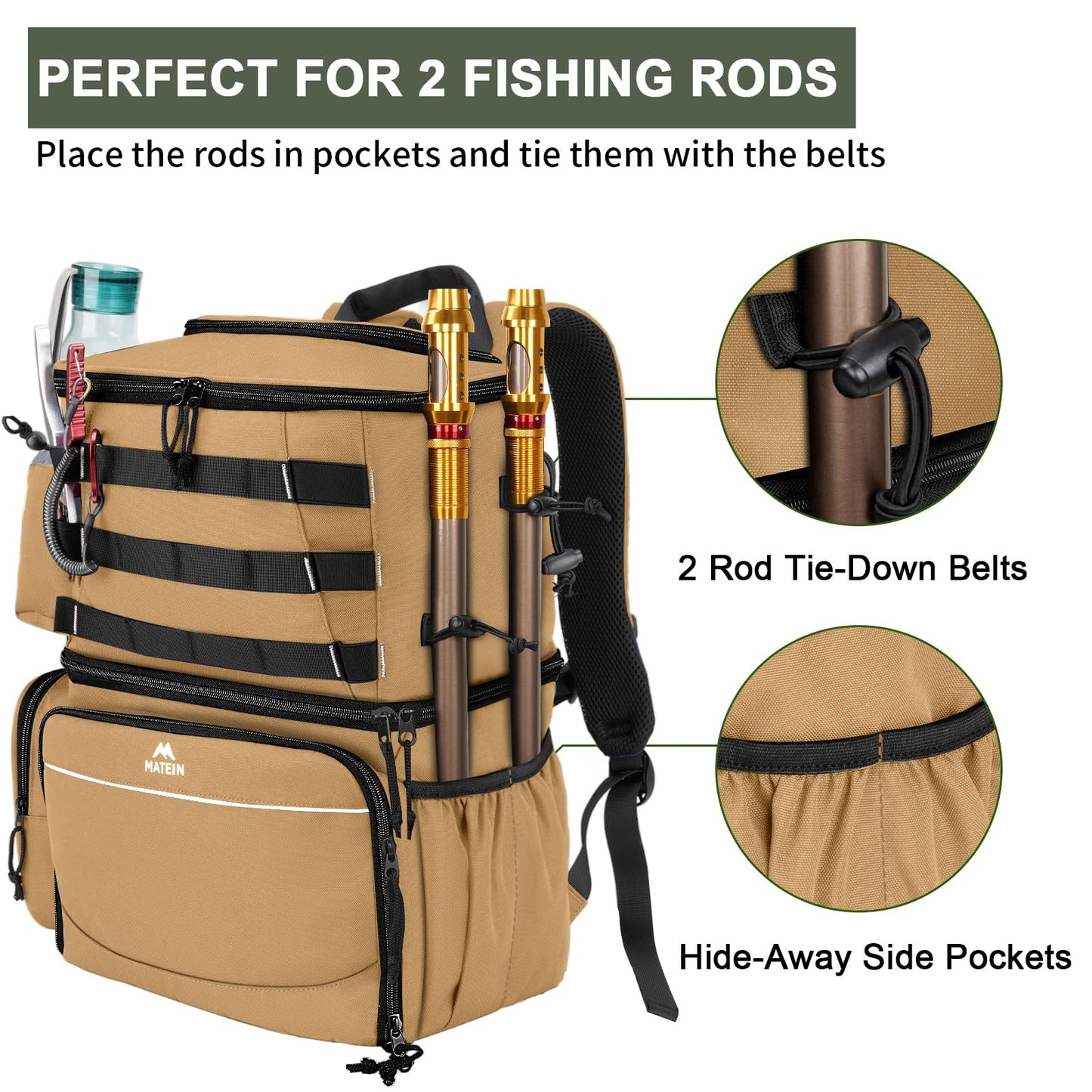MATEIN Fishing Backpack, Water Resistant Fishing Tackle Box Bag with Rod Holders & Cooler, Gear Gifts for Men
