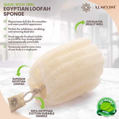 Almooni Egyptian Loofah Exfoliating Body Scrubber, Natural Real Egyptian Shower Loofah Sponge Body Scrubber for Women and Men, for Body and Face That Will Get You Clean - 3 Count (1 Pack)