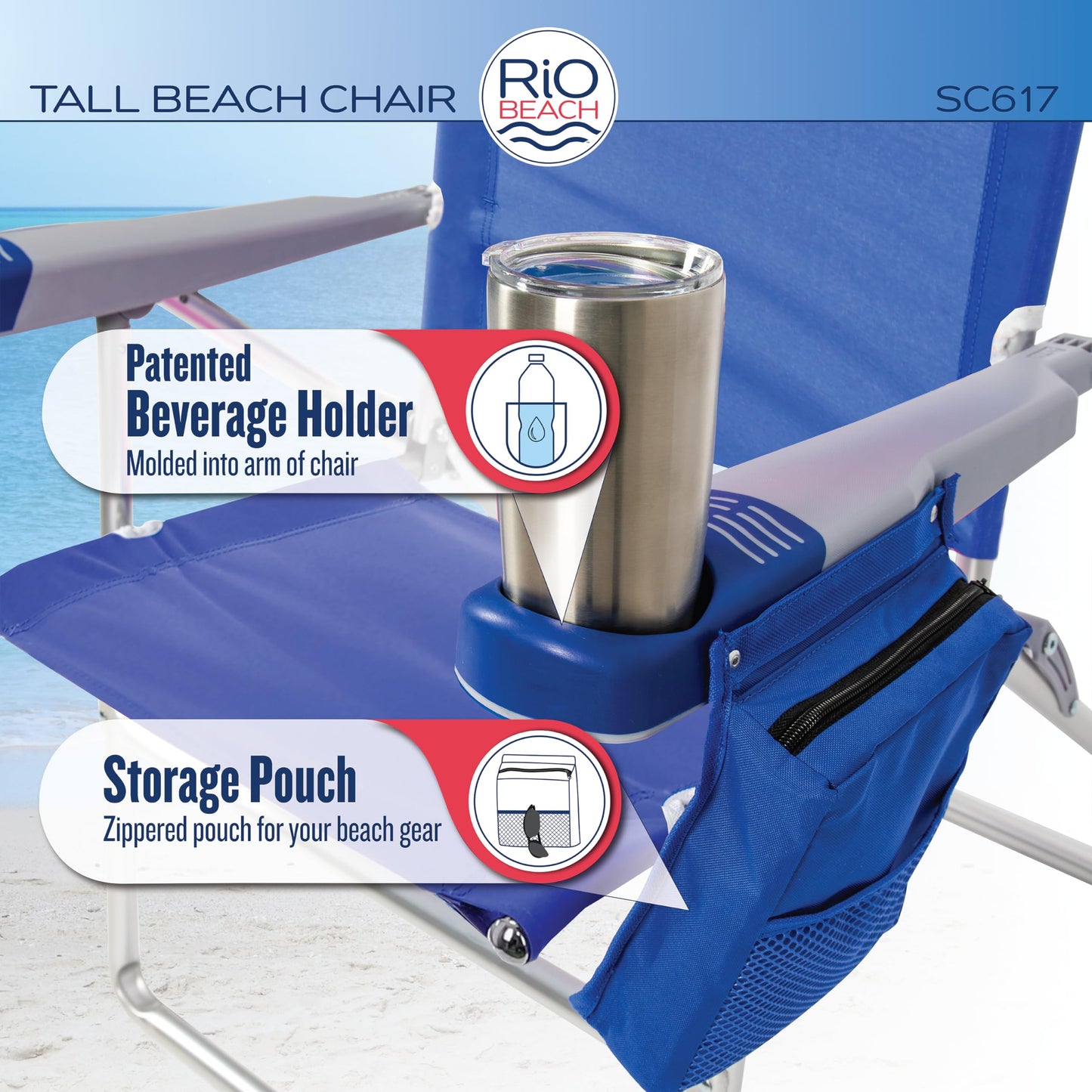 Rio Brands 17" Extended Height 4-Position Folding Beach, Camping, Lawn Chair, Blue/White/Green