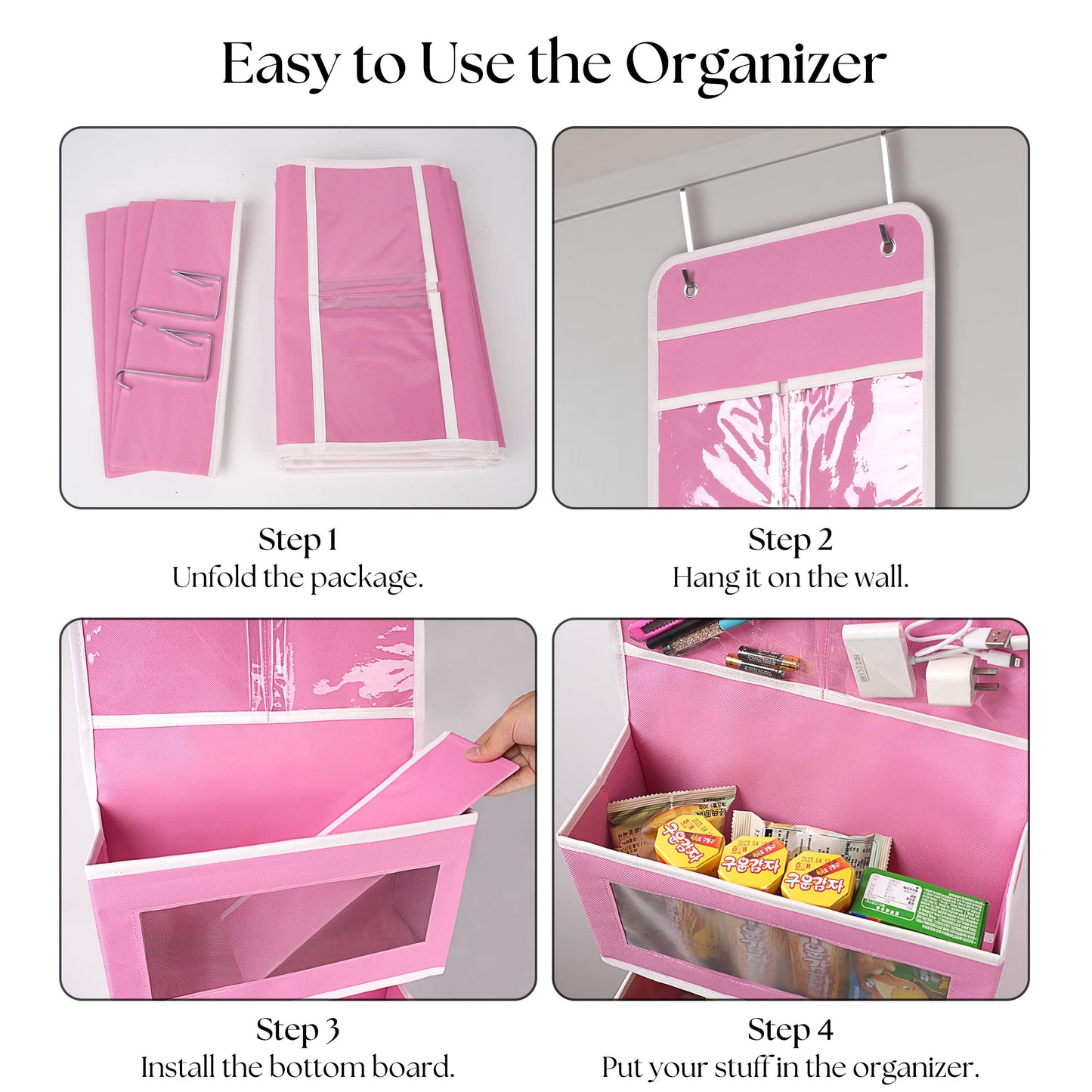 Over Door Organizer with 4 Large Capacity Pockets, Hanging Organizer Storage for Closet Bathroom Nursery Bedroom Dorm, Toys Cosmetics Sundries and Baby Essentials, Pink