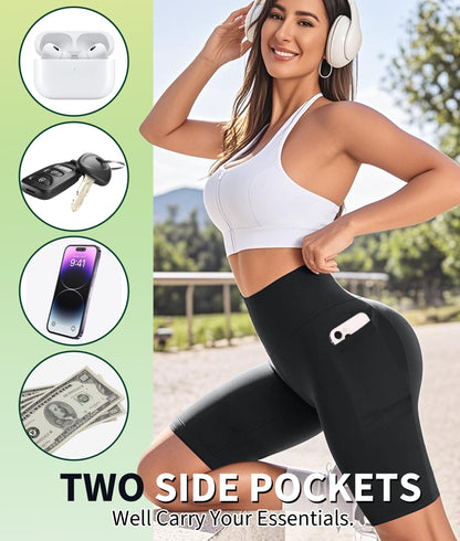 NEW YOUNG Biker Shorts Women with Pockets-5"/8" High Waisted Tummy Control Workout Gym Running Yoga Shorts