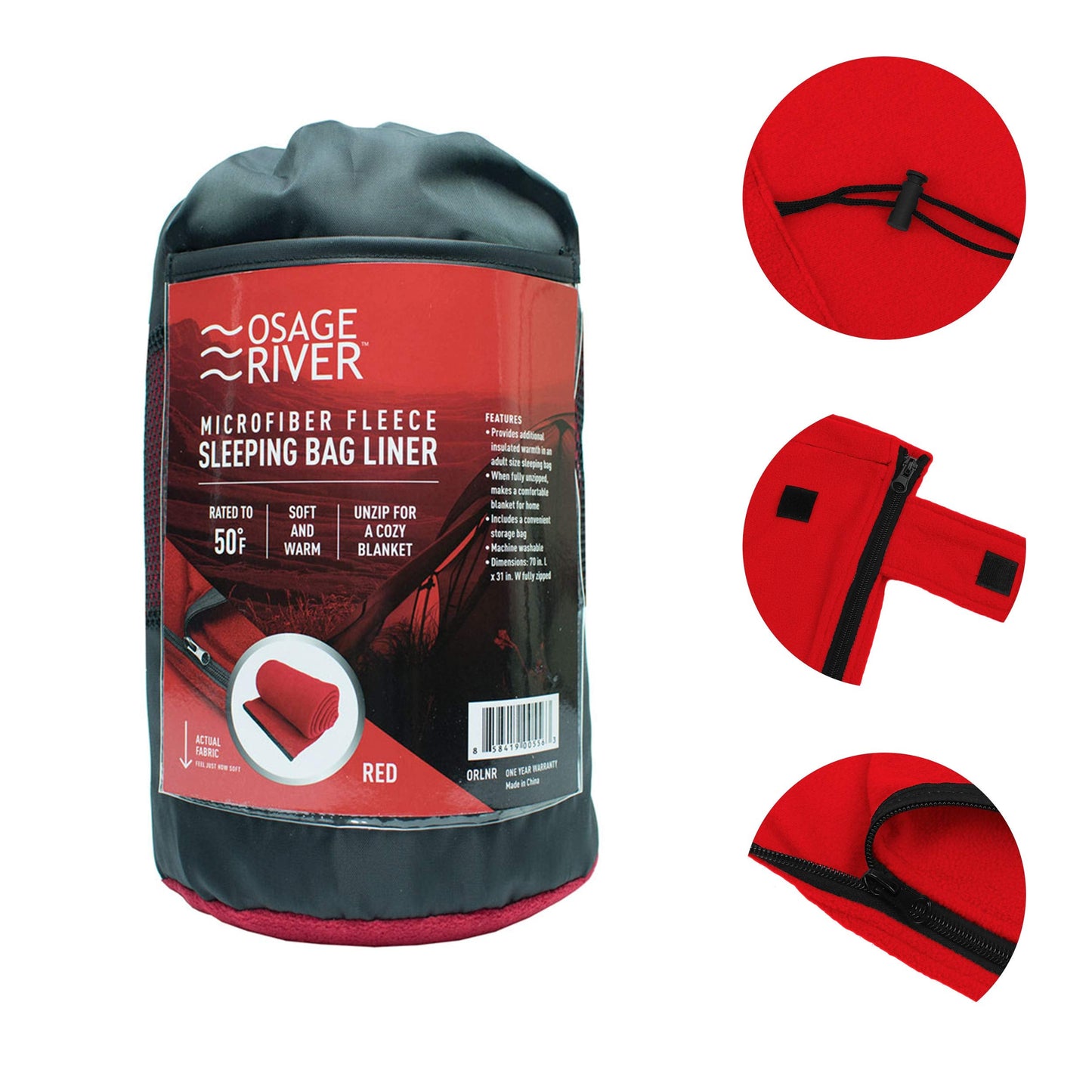 OSAGE RIVER Sleeping Bag Liner, Microfiber Fleece Travel Sheet Sleep Sack for Camping Travel Backpacking, Lightweight Zippered Sleeping Bag Inner Liner, Adults & Kids, Red