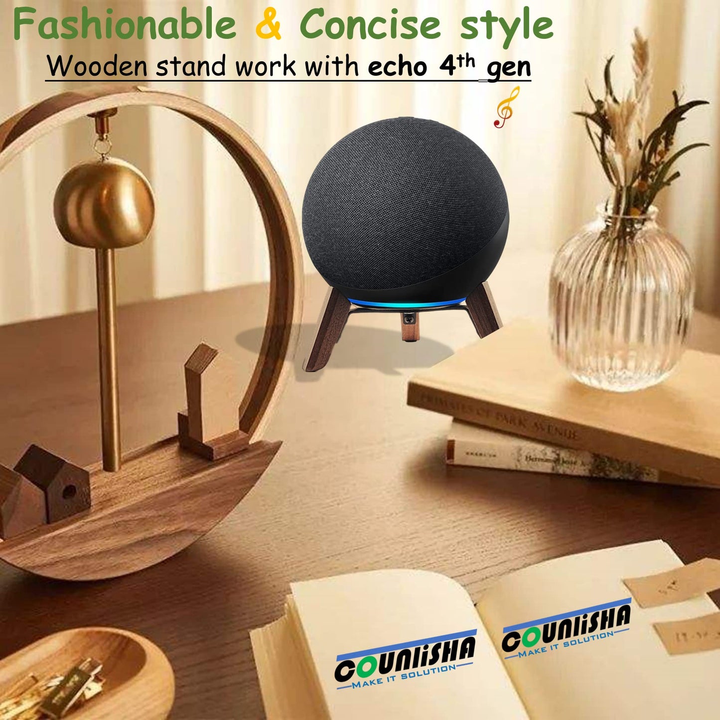Real Wood Stand for Echo (4th Gen) Speaker (2020),Tripod Holder Accessories Protect Alexa Speaker for Sound Better,Secure Stable Wooden Mount with Metal Frame for Echo Newest Model 2024 (Walnut)