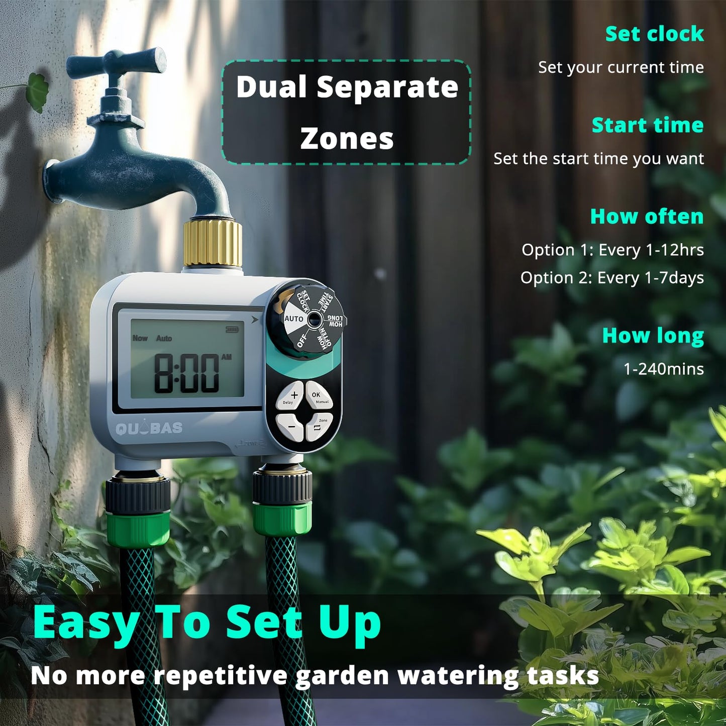 QUOBAS 2 Zone Sprinkler Timer with Brass Inlet & Outlet, Programmable Water Timer for Garden Hose with Rain Delay/Manual Watering/Automatic Irrigation Controller System for Yard, Lawn