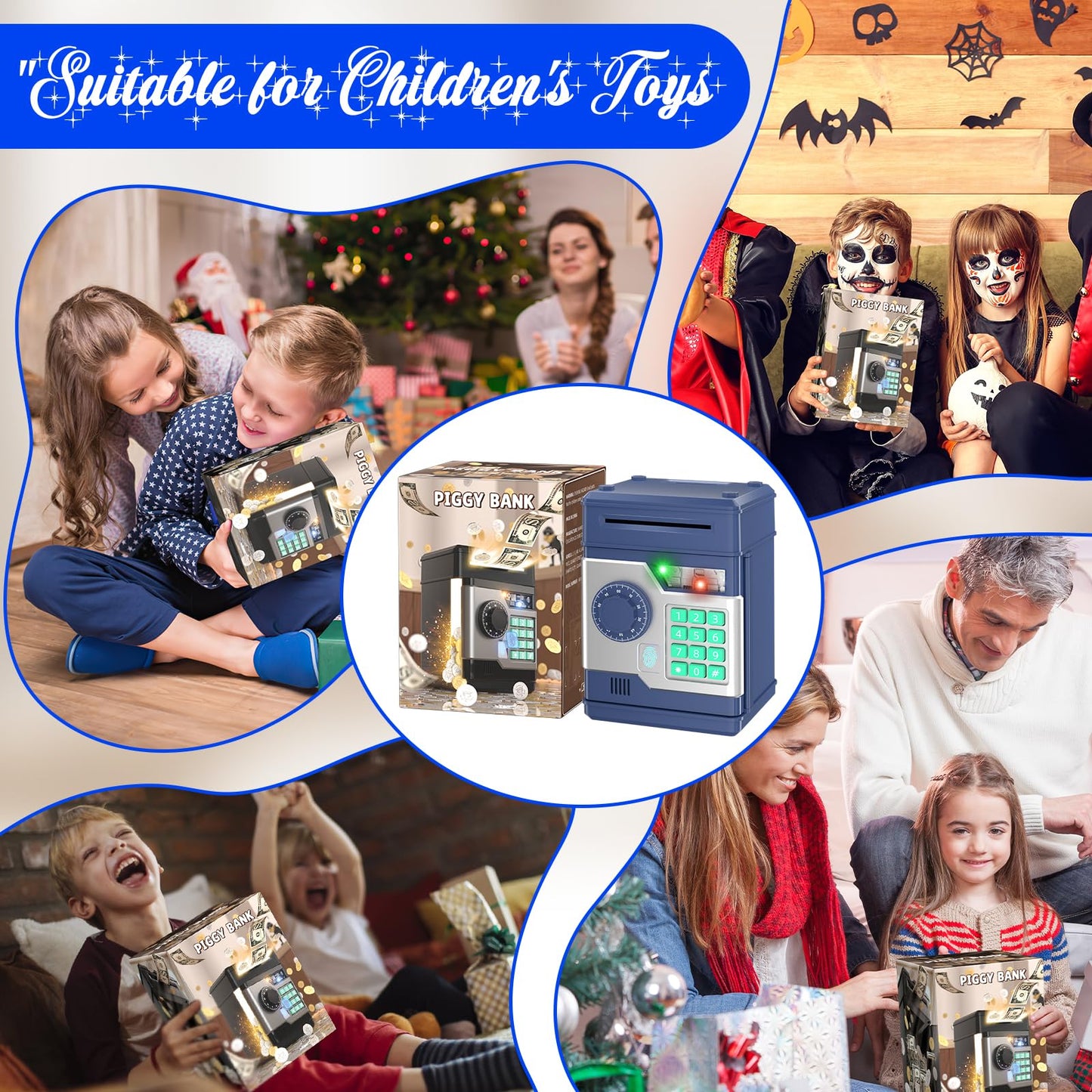 NAFEIV Piggy Bank, Automatic Electronic Piggy Bank for Kids Boys Girls with Password and Fingerprint Unlocking Simulation, Money Bank Kids Safe Toys for 3 4 5 6 7 8 9 10 Year Old Boy Girl (Navy)