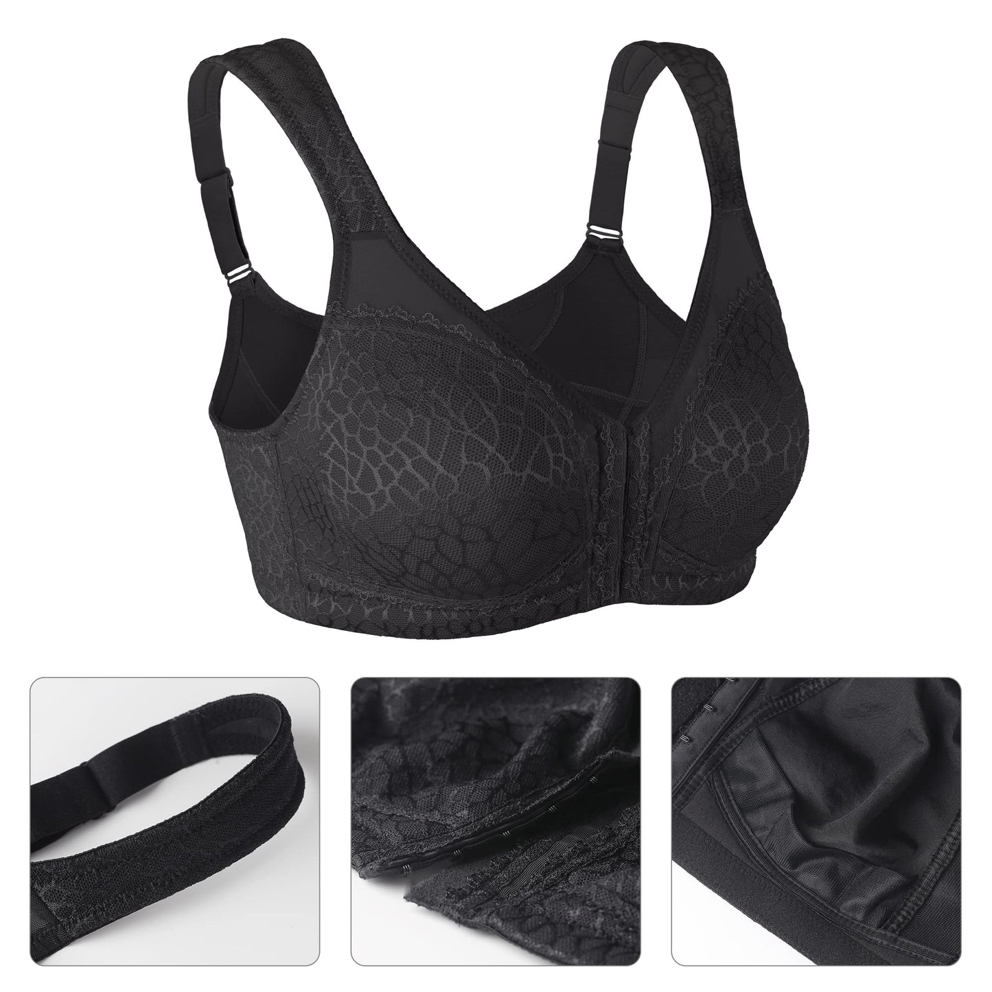 Lemorosy Women's Plus Size Full Coverage Front Closure Posture Back Unpadded Wireless Double Support Minimizer Bra (Black, 44DD)