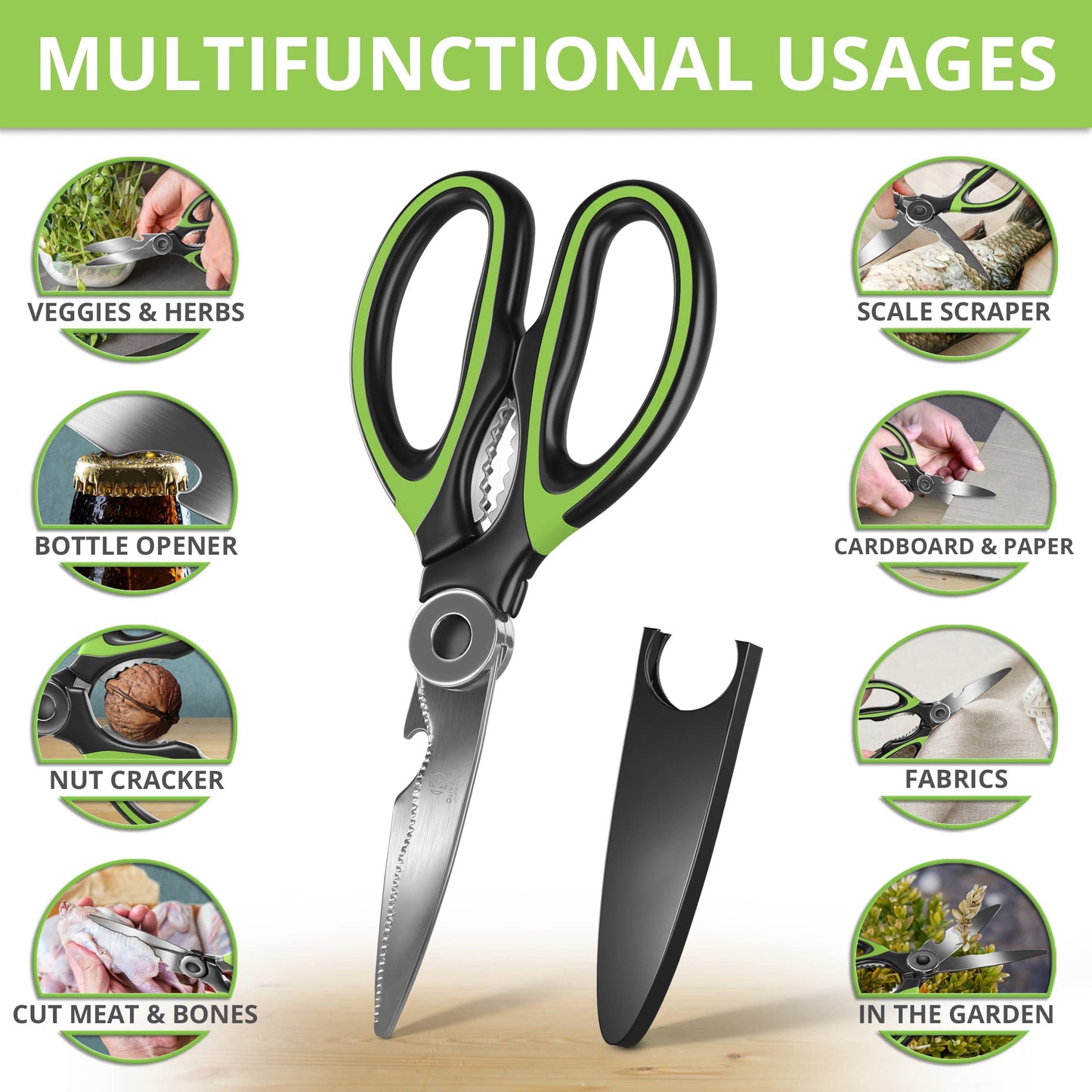 Oliver's Kitchen ® Kitchen Shears - Super Sharp & Heavy Duty Kitchen Scissors - Multifunctional with built in Bottle Opener & Safety Cover