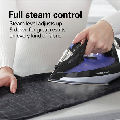 Hamilton Beach Steam Iron for Clothes & Garment Steamer with Smooth Press Stainless Steel Soleplate, 1200 Watts, 8’ Retractable Cord, Black (14214)