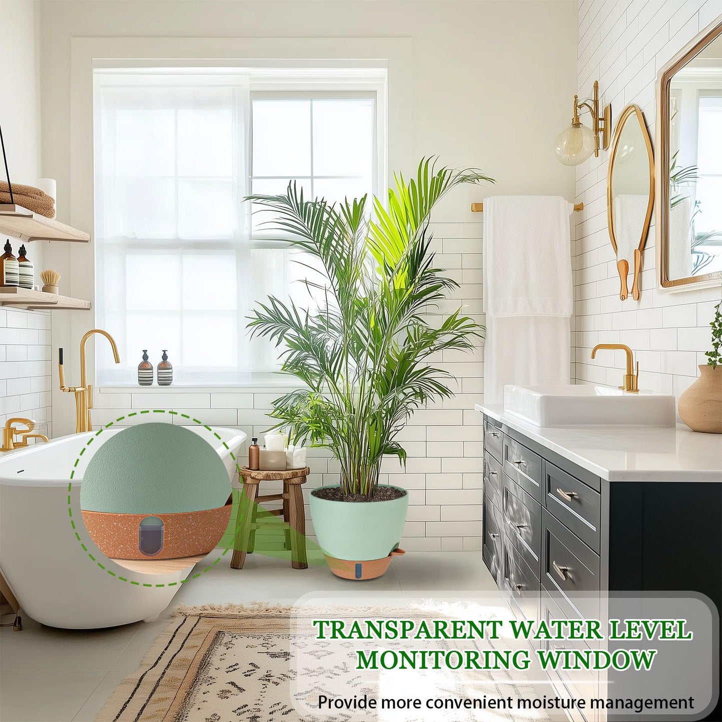 Fielda 8/10/12 Inch Self Watering Pots for Indoor/Outdoor Plants - Large Plastic Planter with Drainage Holes, Water Level Indicator & Deep Reservoir, Modern Decorative Flower Pots (Green)