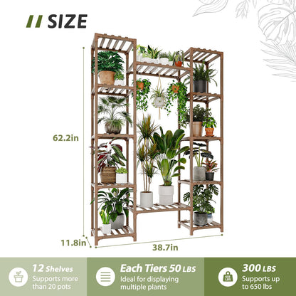 GENTINGBRO Large Plant Stand Indoor Outdoor 62.2“ Tall Plant Shelf Large Tiered Flower Stands for Multiple Display Wood Hanging Planter Holder for Living Room Garden Balcony Patio Decor
