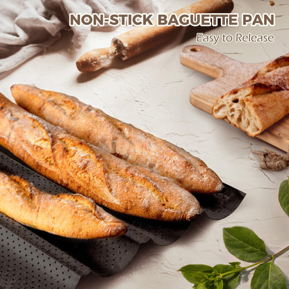 KITESSENSU Nonstick Baguette Pans for French Bread Baking, Perforated 2 Loaves Baguettes Bakery Tray, 15" x 6.3", Silver