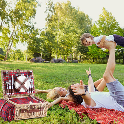 HYBDAMAI Wicker Picnic Basket for 4 with Waterproof Picnic Blanket and Insulated Cooler, Willow Hamper for Camping, Outdoors, Photoshoot, or a Birthday, Valentine’s Day, Wedding Gift