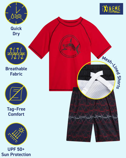 iXtreme Boys Rash Guard Set - 2 Piece UPF50+ Sun Protection Quick Dry Short Sleeve Swim Shirt & Swim Trunks for Boys (12M-14), Size 10/12, Red Black Shark