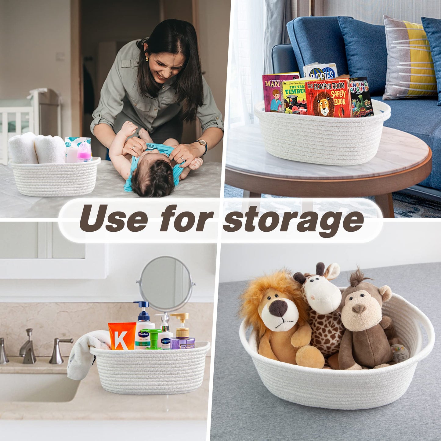 Pro Goleem Small Woven Basket with Gift Bags and Ribbons Durable Baskets for Halloween Gifts Empty Small Rope Basket for Storage 12"X 8" X 5" Baby Toy Baskets with Handles, White