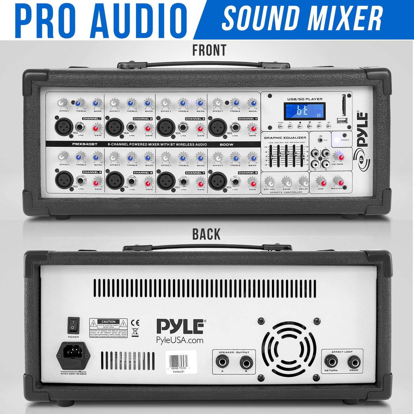 Pyle 800W Bluetooth Stage Powered Mixer - 8-Channel Pro Audio Sound System with MP3/USB/SD Readers - RCA/1/4” Effects Loop - Aux Input - Digital LCD Display - Built-in Cooling Fan - PMX840BT
