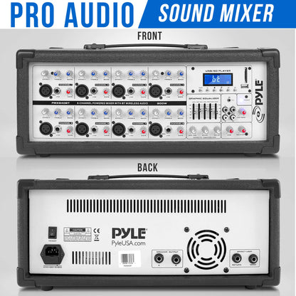 Pyle 800W Bluetooth Stage Powered Mixer - 8-Channel Pro Audio Sound System with MP3/USB/SD Readers - RCA/1/4” Effects Loop - Aux Input - Digital LCD Display - Built-in Cooling Fan - PMX840BT