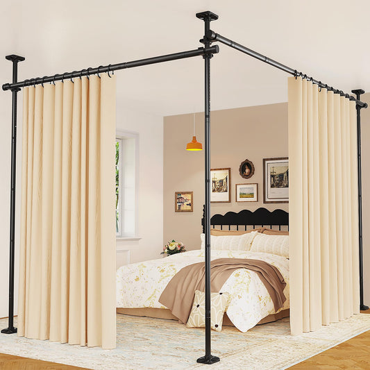 Goovilla Room Divider for Room Separation, Tension Curtain Rods No Drilling, 4-10ft(H) 28-114inch(W) Adjustable Temporary Privacy Wall Divider, Heavy Duty Freestanding Space Partition Separator, Black