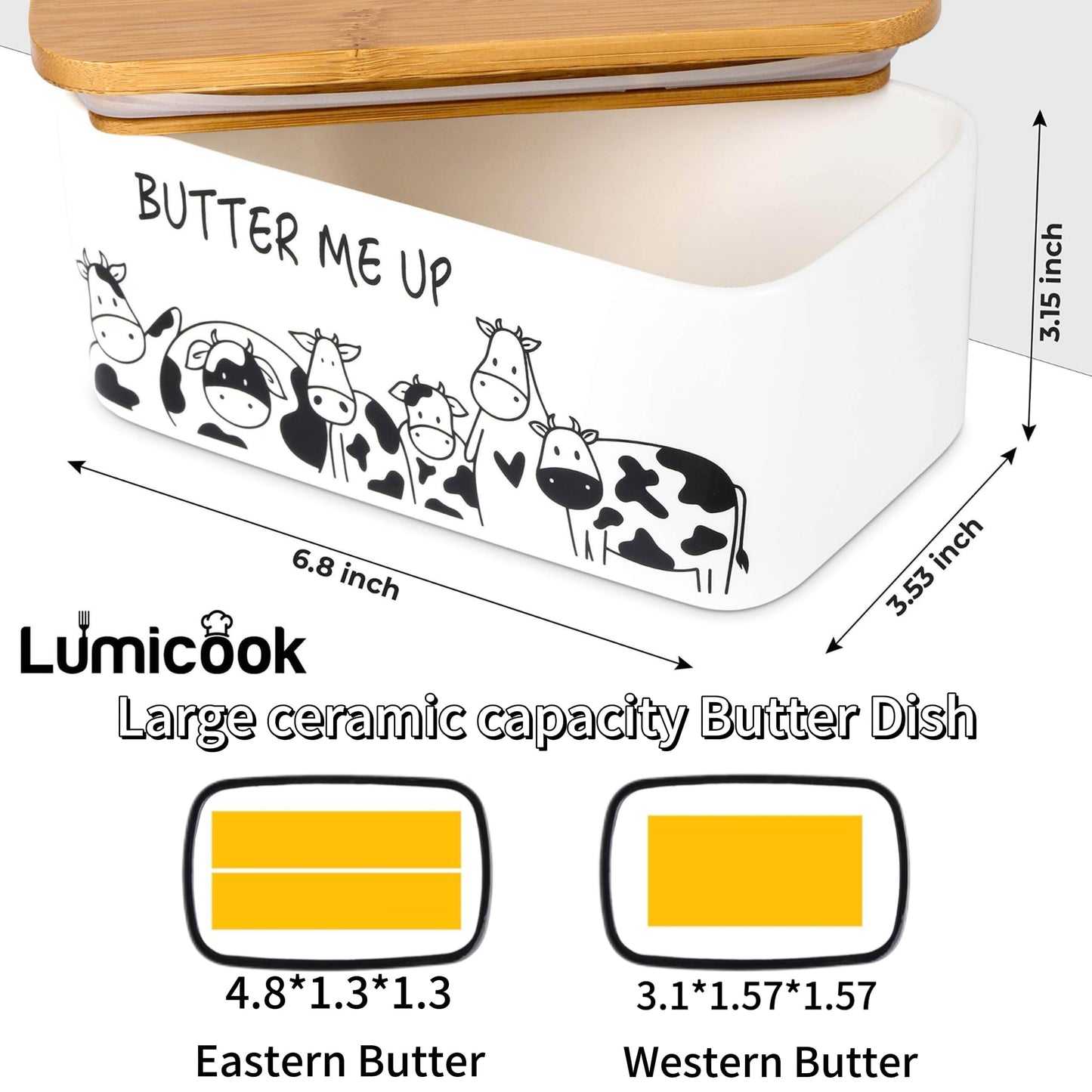 Lumicook Porcelain Butter Dish with Lid, Natural Bamboo Lid, Seal, Cow Butter Holder, Easily Fits 2 Sticks of Butter (Butter me up)