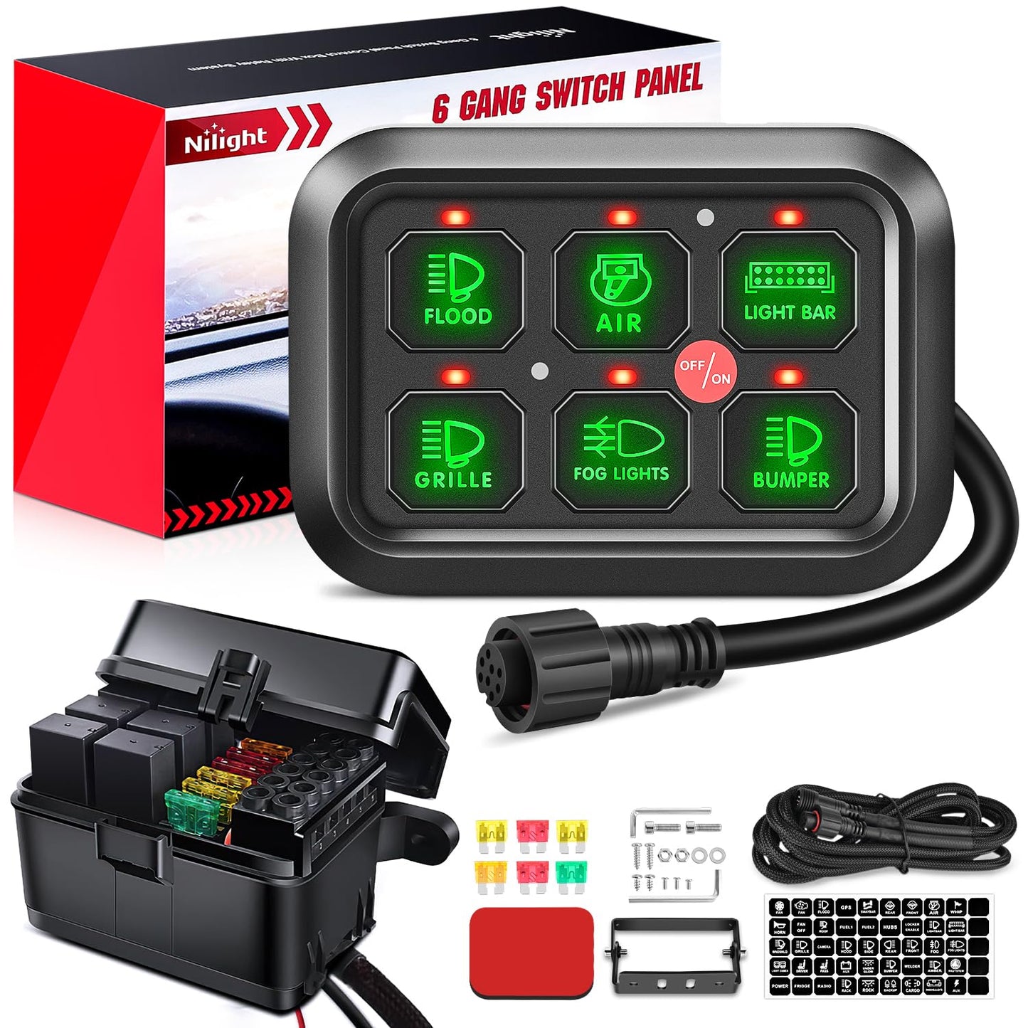 Nilight 6 Gang Switch Panel Universal Circuit Control Relay System with Fuse Wiring Harness Automatic Dimmable ON-Off LED Switch Pod for Cars Trucks Boats ATV UTV SUV, 2 Years Warranty