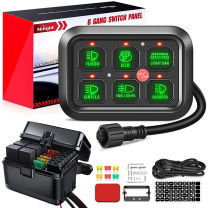 Nilight 6 Gang Switch Panel Universal Circuit Control Relay System with Fuse Wiring Harness Automatic Dimmable ON-Off LED Switch Pod for Cars Trucks Boats ATV UTV SUV, 2 Years Warranty