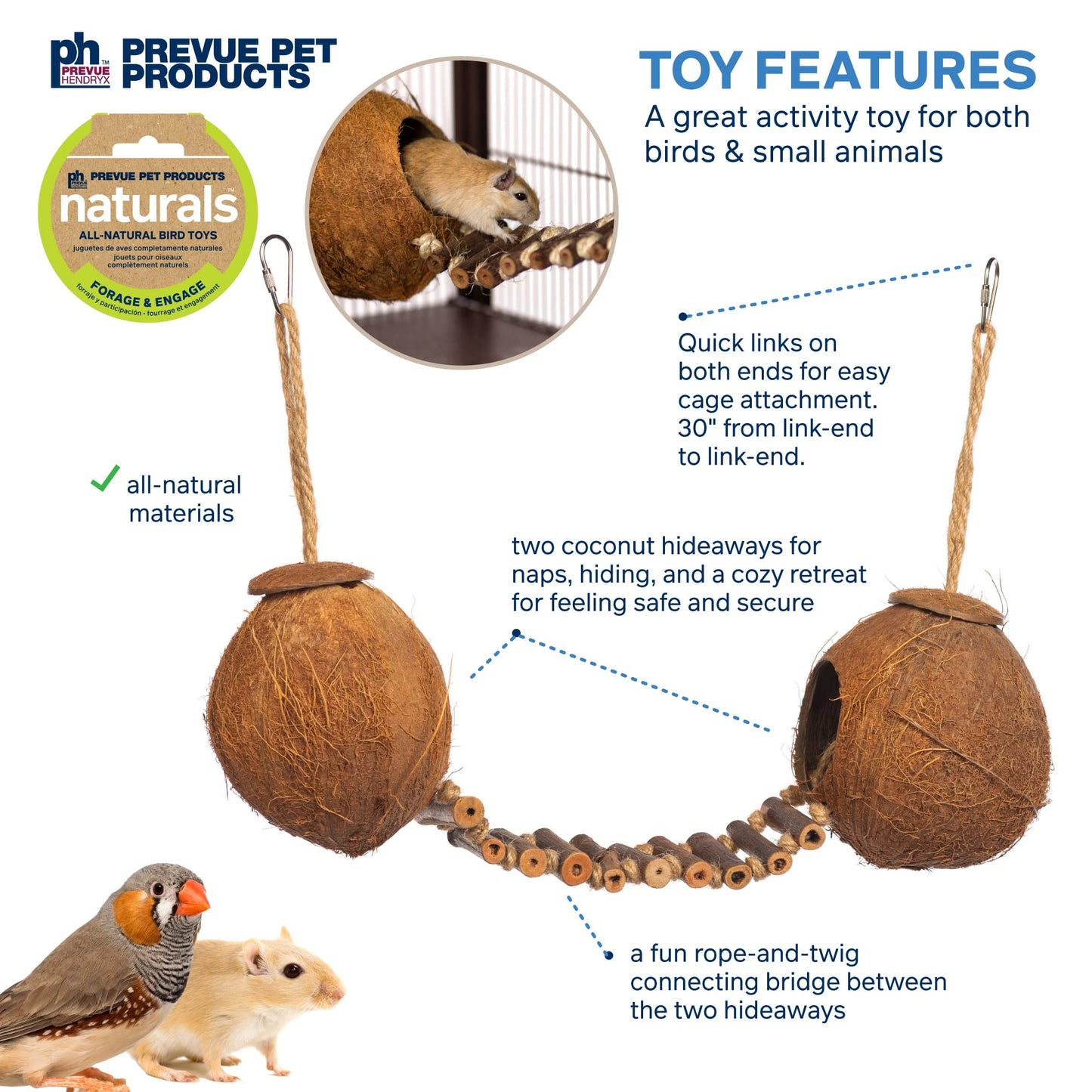 Prevue Pet Products Naturals Double Coconut Walk for Small Animals & Birds 62818,16X4X9