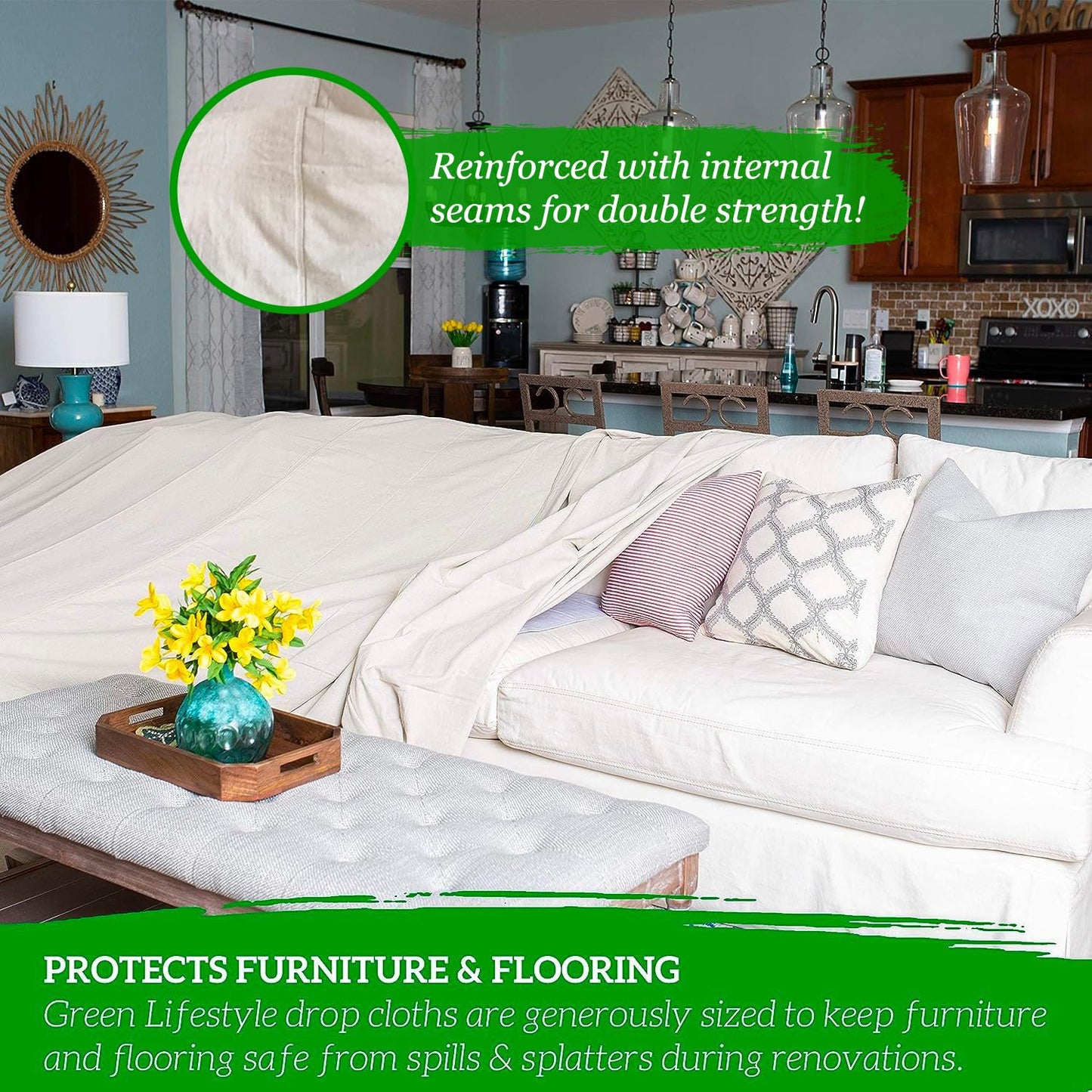 GREEN LIFESTYLE All Purpose Canvas Drop Cloths - Drop Cloth for Painting, Floor Cover, Heavy Duty Protection for Furniture & Surfaces, Reusable Painters Canvas Tarp for Renovation & Home (4x12)