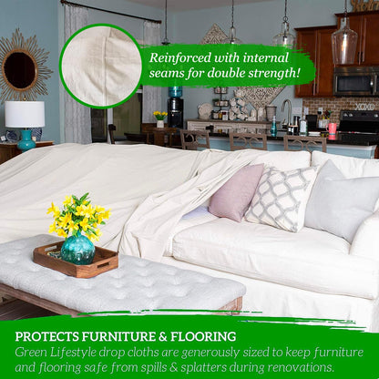 GREEN LIFESTYLE All Purpose Canvas Drop Cloths - Drop Cloth for Painting, Floor Cover, Heavy Duty Protection for Furniture & Surfaces, Reusable Painters Canvas Tarp for Renovation & Home (4x12)