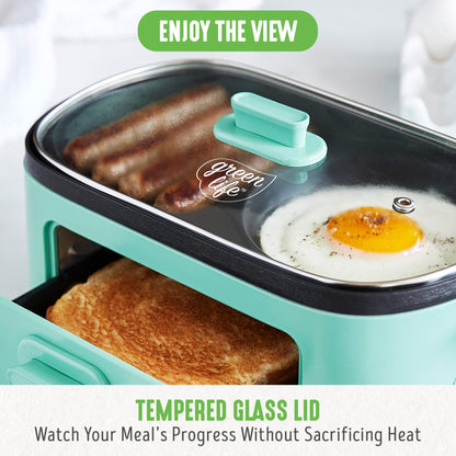 GreenLife 3-in-1 Breakfast Maker Station, Healthy Ceramic Nonstick Dual Griddles for Eggs Meat Sausage Bacon Pancakes and Breakfast Sandwiches, 2 Slice Toast Drawer, Easy-to-use Timer, Turquoise