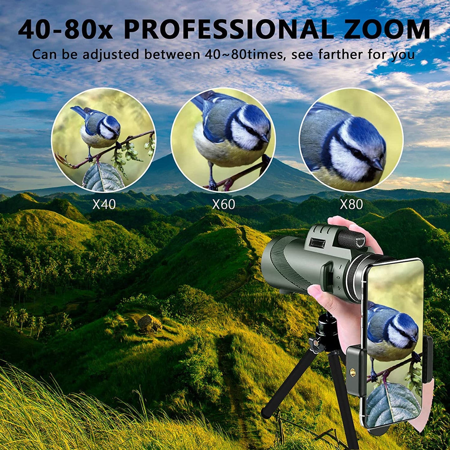 Monocular-Telescope 80x100 High Definition for Adults High Powered with Smartphone Adapter Telescope Hunting Wildlife Bird Watching Travel Camping Hiking-Green-1