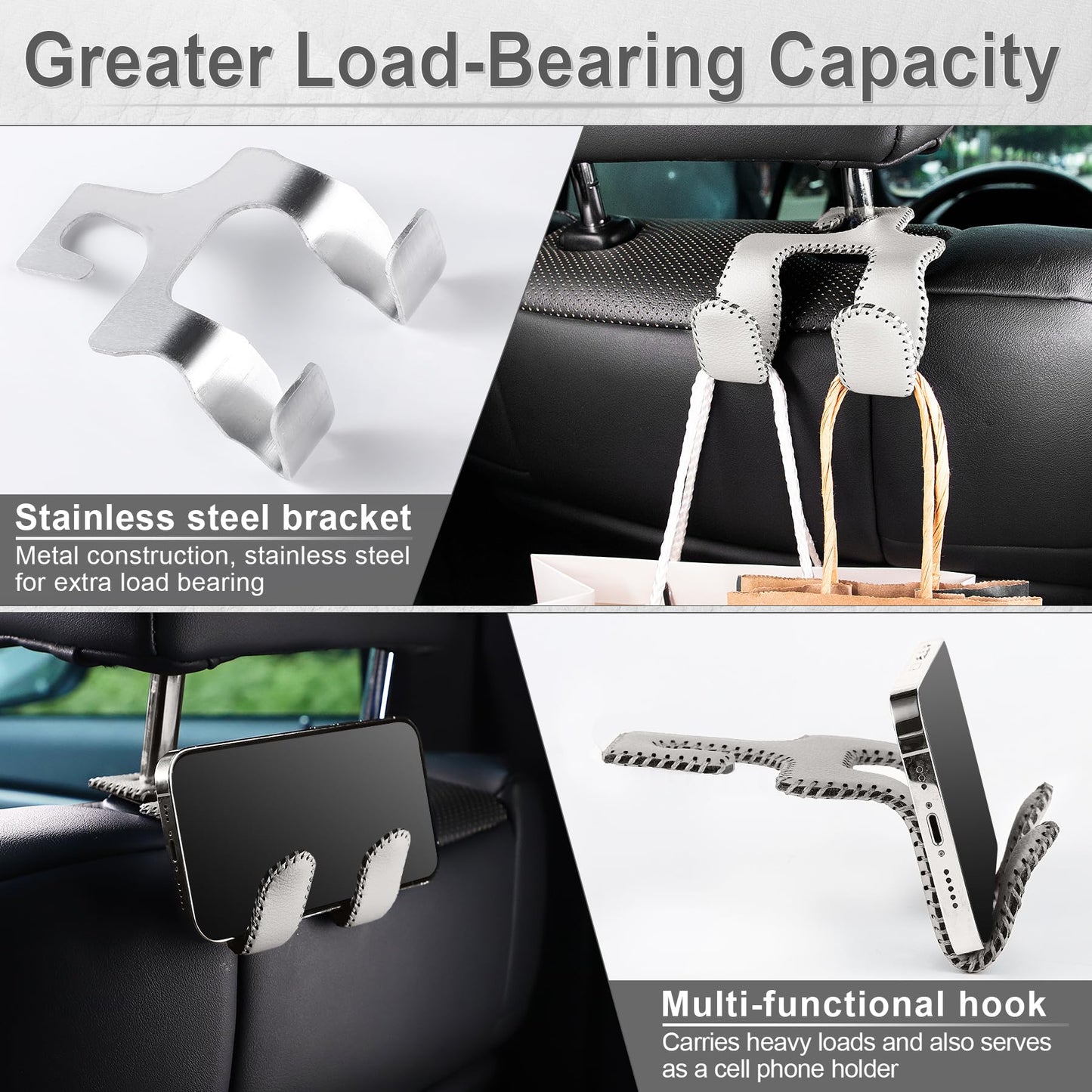 LivTee Upgraded Superior Leather Car Seat Back Headrest Hook, 2 in 1 Auto Seat Hook Hangers Holder Organization Interior Accessories for Purses Coats Umbrellas Grocery Bags Handbag (Gray)
