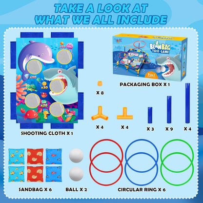 3-in-1 Bean Bag Toss Game Toy,Outdoor Toss Game with Stand for Ring Toss,Bean Bags & Balls, Family Party Supplies for Kids,Birthday for Boys,Toddlers Ages 3 4 5 6 Years Old