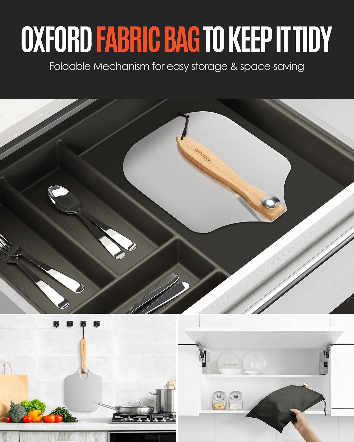 Pizza Peel Aluminum Pizza Spatula, Mooues 12 inch Metal Pizza Paddle(12"x 14")with Rocker Cutter Foldable Wood Handle, [Storage bag included], for Family Pizza Oven Baking Pizza, Dough, Bread & Pastry