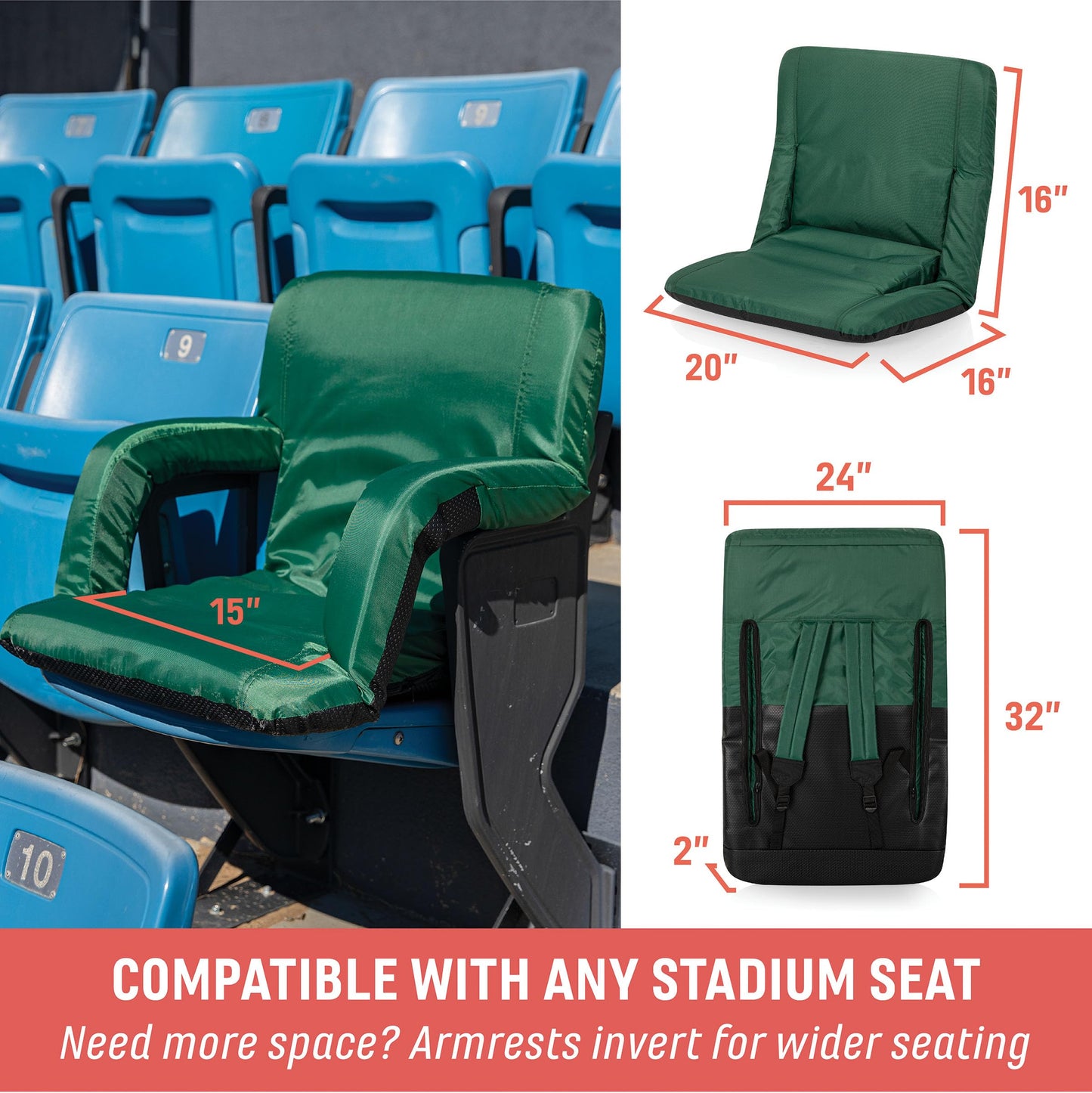 PICNIC TIME Ventura Portable Reclining Stadium Seat with Back Support, Folding Bleacher Chairs with Back and Cushion, Thick Padded Stadium Seat and Armrest, Includes Six Backrest Positions, (Black)