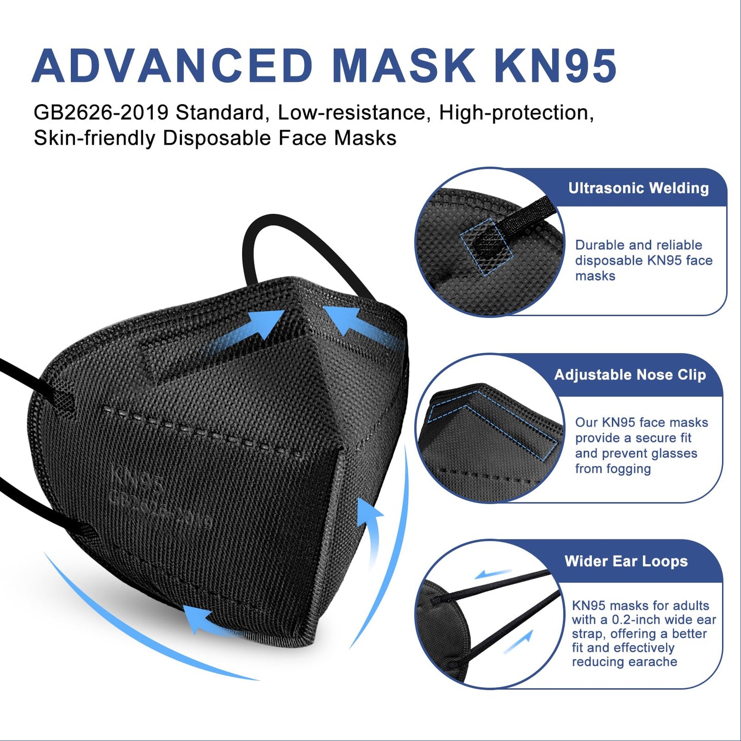 KN95 Face Masks Black Adults - 100 Pack Disposable Masks Comfortable 5-Layer Safety Face Masks & 5 Adjustable Masks Extender Masks Large Size