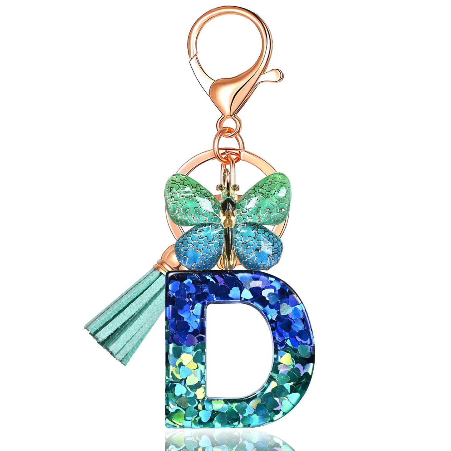 JINGUAZI Initial letter Keychains for Women Tassel Butterfly Pink Purple Cute Car Keychain for Wallet Backpack bag charm (D-Blue Green)