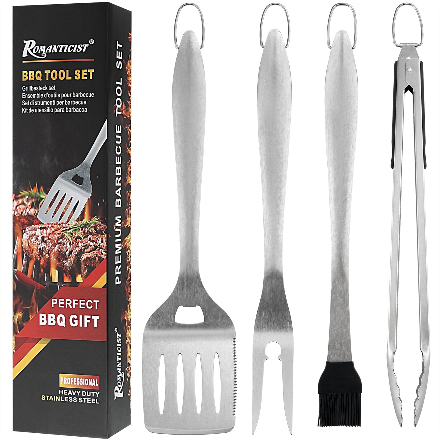 ROMANTICIST 4pcs Heavy Duty Grill Accessories for Top Chef - Professional Grill Tools Set & Basic BBQ Tools for Backyard Restaurant Outdoor Kitchen - Deluxe Grill Gift for Dad on Father’s Day Birthday